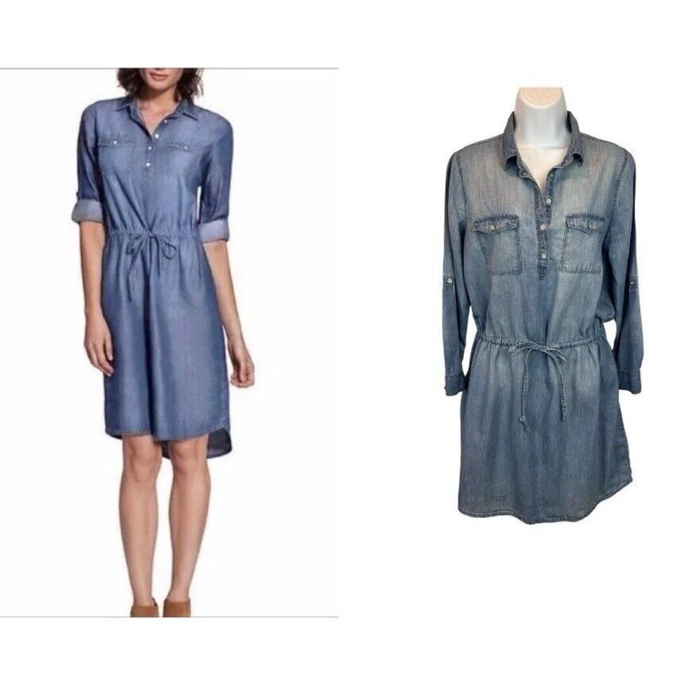 Gloria Vanderbilt Part Button Front Denim Shirt Dress  Size S  Roll-Tab Sleeve